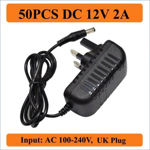 50PCS 12V 2A UK Plug AC DC Adapter AC 100-240V To DC Adapter Plug For 3528 5050 Strip LED 5.5mm x 2.1-2.5mm Compatible