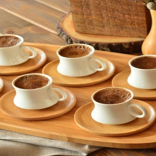 Turkish Porcelain Greek Arabic Coffee Espresso Cups & Saucers Set of 6, Luxury Coffee Set, BAMBOO PLATE 6-COFFEE CUP SET