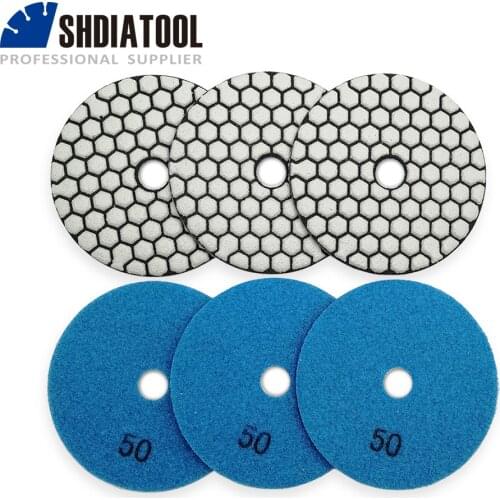 SHDIATOOL 6pcs 4"/100mm Grit 50 Diamond Dry Polishing Pad Granite Marble Flexible Resin Sanding Disc Ceramic Stone Polisher disc