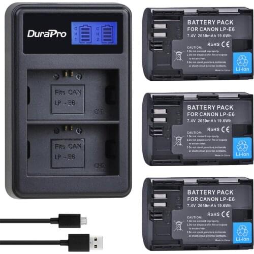 3pc 2650mAH LP-E6 LP-E6N LP E6 Rechargeable Battery + LCD USB Dual Charger For Canon EOS 5D Mark II III 7D 60D 6D Camera
