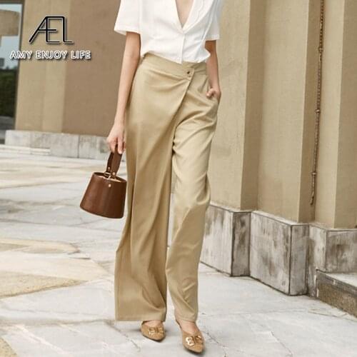 AEL khaki Elegant Solid wide-legged Pants Women 2020 Fashion High Waist Asymmetric casual Loose Wide Leg Trousers Vintage