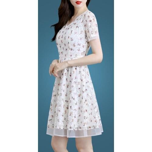 Summer Christmas Dresses Women Vintage Elegant Party Dress Short Sleeve Embroidery Mesh Casual Floral Plus Size S~4XL 8360