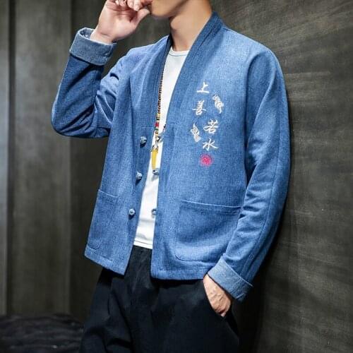 Men Chinese Style Kung Fu Clothes Robes Gown Hanfu Men Cardigan Jacket Fashion Retro Qipao Tops Denim Coats Casual Blouse KK3389