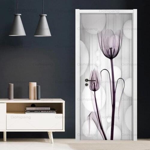 Door Sticker Flower Tulips Modern Simple Transparent Photo Wallpaper 3D Living Room Bedroom 3D Murals Home Decor PVC Waterproof
