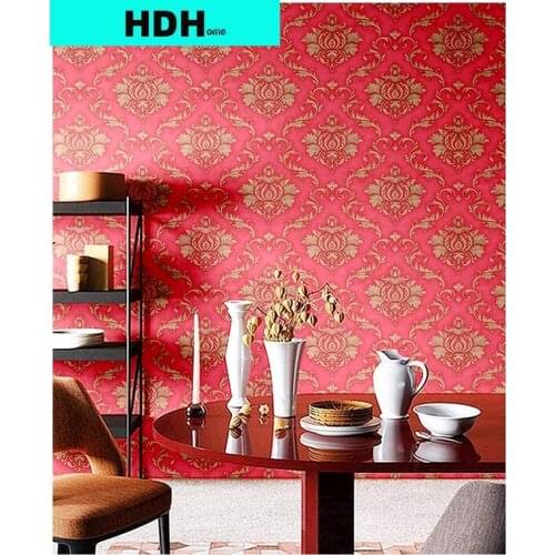 HDHome Red Gold Damasks Peel and Stick Wallpaper PVC Waterproof Wall Decor Vinyl Removal Self Adhesive Contact Paper Decorative