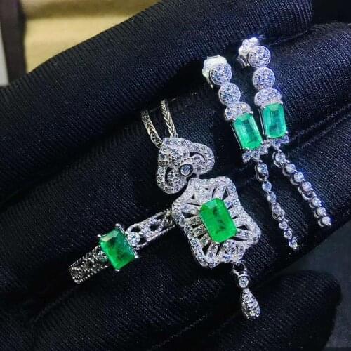 Real Natural Emerald jewelry set Natural Real Emerald 925 sterling silver 1pc pendant,1pc ring,2pcs Earring