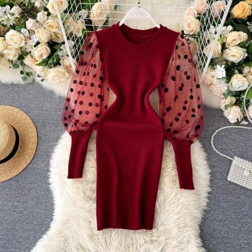 2021 New Fashion Womens Lace Patchwork Pnit Dress Female Sexy Style O-Neck Full Sleeved Dresses