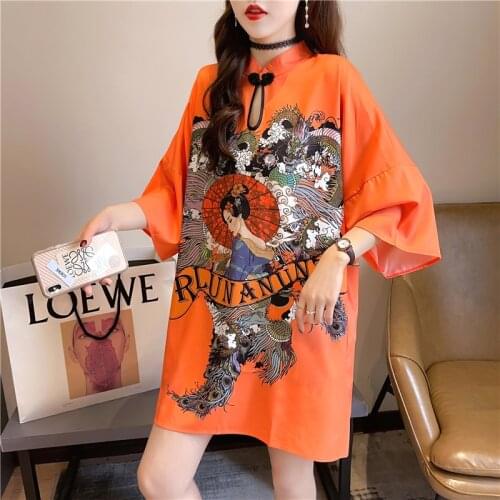 New Vintage Chinese Style Tops Female Cheongsam T-shirt Skirt Summer Womens Short Sleeve Print Loose Tees Large Size Long Tshirt