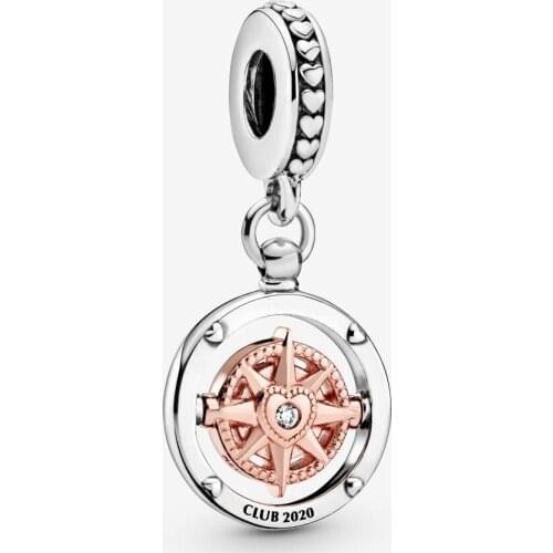 Wholesale Real 925 Sterling Silver Club 2020 Compass Dangle Charm Fit pandora Bracelet Necklace Rose gold Pendant DIY Jewelry