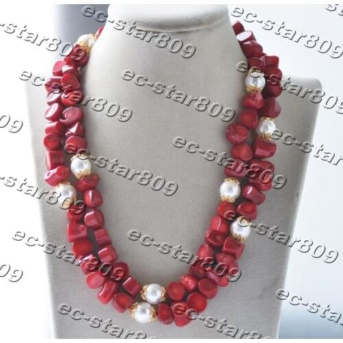 Z11265 2Row 19" 13mm Red Baroque Coral White Shell Pearl Necklace Women Fashion Jewelry