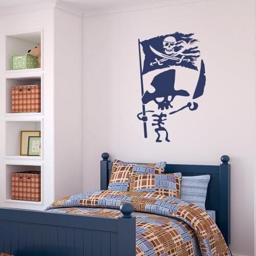 Pirate Skeleton with Torn Jolly Roger Flag Vinyl Wall Decal for nursery playroom kids room living room Decoration sticker Y50