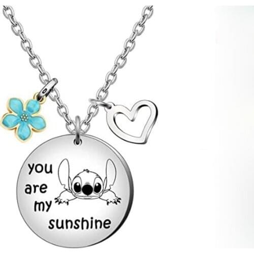 Anime Ohana Necklace Engraved you are my Sunshine Sunflower Pendant Heart Charm Hawaiian Beach Jewelry Wholesale Gift for Family