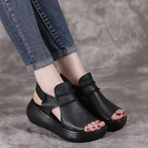 2021 Summer Thick Bottom High Flat Platform Sandals For Women Genuine Cow Leather Fashion Wedges Peep Toe Women Sandals