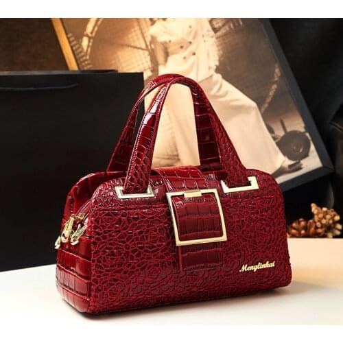 Cowhide leather Women handbag Lace crocodile pattern mother bag shoulder messenger three-layer middle-aged Portable Boston Bags
