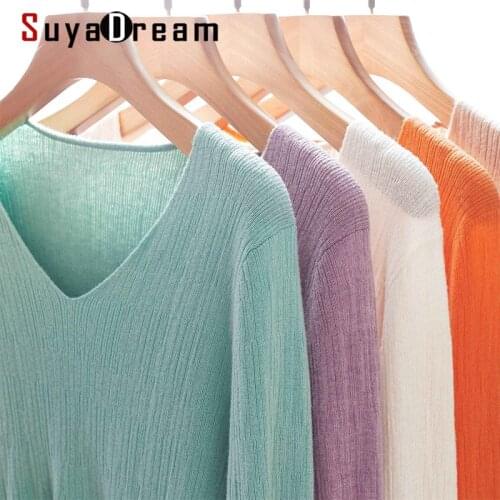 SuyaDream Women Winter Sweaters 100%Wool V neck Ribs Pullovers 2021 Fall Winter Comfortable Basic Sweaters for Woman