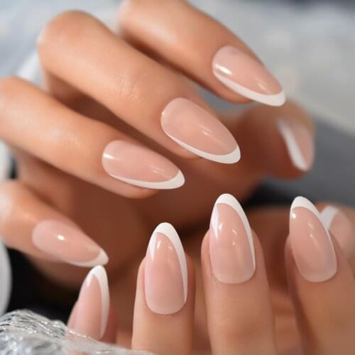 Nude Color False Artificial Nail Tip Medium French Almond Nail Tips For Acrylic Nails Fake Nail White Border