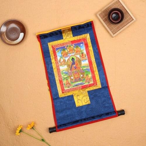 Tibetan Thangka Eight Medicine Buddha Statues Wood Scroll Printing 13"X8.3"