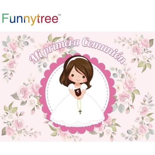 Funnytree Photocall Communion Girl Decoration Photo Background Pastel Pink Flowers Custom Vinyl Photophone Baby Shower Backdrop