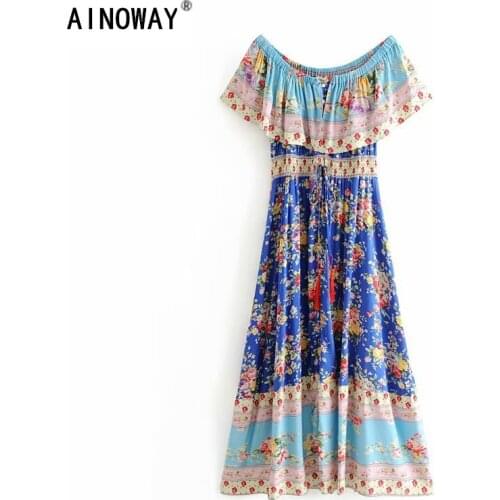 Vintage chic Women rose floral print short sleeve Bohemian dress Ladies off shoulder tassel rayon Boho maxi dress vestidos