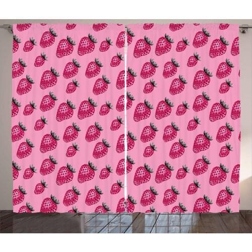 Retro Strawberry Curtains Funny Pinkish Fruit Artwork Satin Fabric Drapes for Living Room Bedroom 2 Panel Window Set