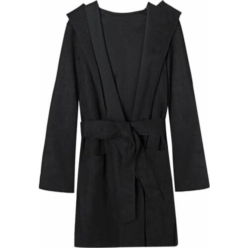 2021 Autumn Women Fashion Chic with belt faux suede hooded jacket Vintage long sleeves Pockets Long Coat Female Chic Outerwear