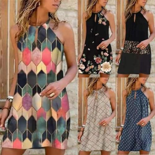 Women Boho Halter Sleeveless Dresses Summer Sexy Elegant Printed Mini Dress Ladies Casual O-Neck Beach Party Dresses S-5XL 2021