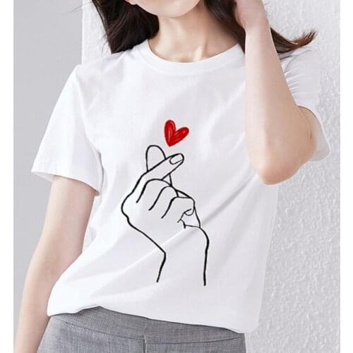 Womens T-shirt All-match Ins Wind Korean Version of The Heart Pattern Printing Series Ladies Slim Commuter Soft Round Neck Top