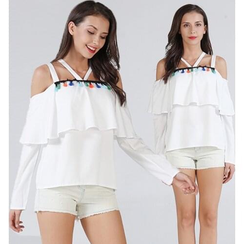 S-XL women new ruffles strap slash neck tops lady slim casual leisure tops spring autumn pure color tops