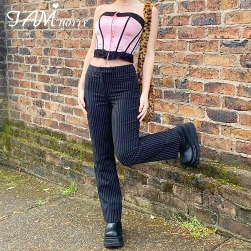 Striped Print Womens Straight Suit Pants Capris Punk Cute High Waist Baggy Girls Streetwear Boyfriend Joggers Fashion Iamhotty