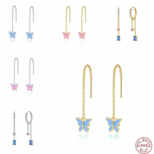 Aide 925 Sterling Silver Long Thin Chain Tassel Drop Earring For Women Gift Blue Pink Enamel Butterfly Pendant Threader Earrings