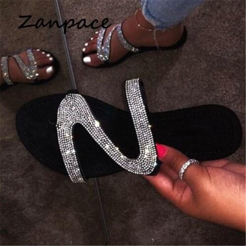 2020 Summer Slippers Women Crystal Comfortable Flat Shoes Flip Flops Large Size 35-43 Outside Beach Ladies Slides Sandals