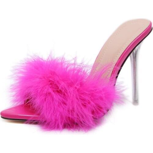 2021 New PU leather with feather peep toe transparent high heel slippers summer sexy slip on clear heel slides women mules shoes