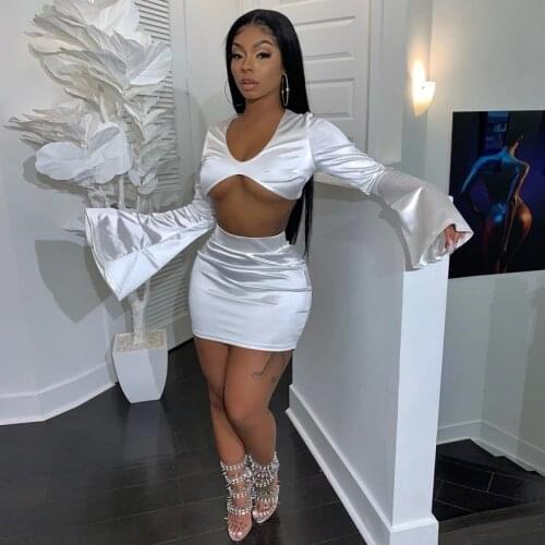 Imcute Fashion 2 Pieces Womens Set Long Flare Sleeve U-shaped Neck Shirts Crop Tops High Waist Short Mini Pencail Skirt 2020