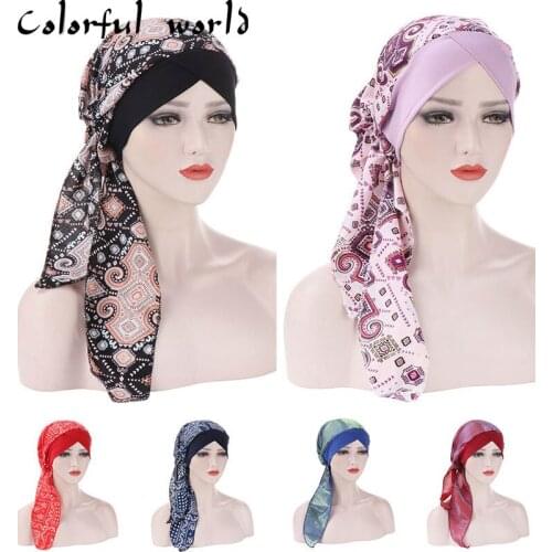 2020Women Printed Headscarf Round Night Cap Bandana Head Cover Sleep Hat Bonnet Hat Muslim Long Tail Turban Hat Head Accessories