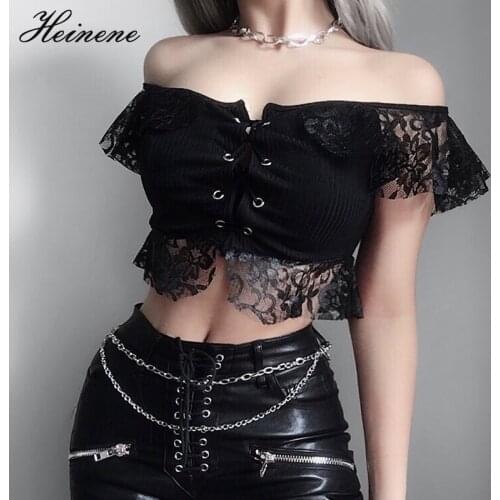 Heinene Gothic Women Camis Black Sexy Lace Hollow Lace Off-Waist One-Shoulder Top Streetwear Strap Slim Backless Womens Clothes