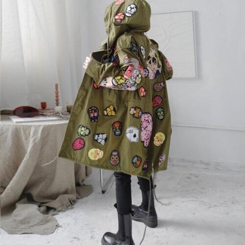 Spring New Embroidery Skull Print Big Size Trench Women 2021 Fashion Japanese Hooded Long Sleeve Loose Zippers Windbreaker Coats