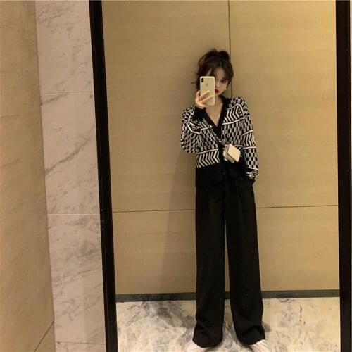 2021 Autumn Knit 2 Piece Set Women Print Cardigan Sweater + Wide Leg Pants Two Piece Outfits Women Crop Top Trousers Suits X585