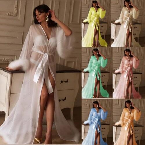 Elegant Silk Floor Length Night Robe with Feathers Top Quality Custom Made Party Sleepwear 2021 Bridal Nightgown Robes