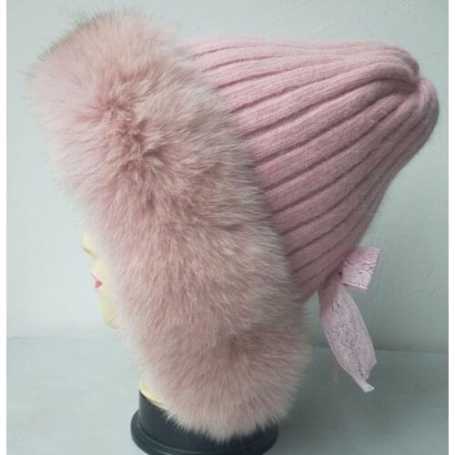 Winter Warm Women Knitted Hat With Real Fox Fur Hot sale Fashion Knit Cap Female Beige High-Quality Knitting Luxury Fox Fur Caps