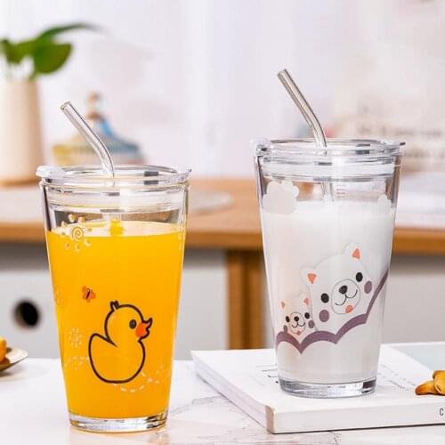 1 Set Practical Glass Cup Cartoon Design Straw Mug Multifunctional Creative Glass Cup Children Breakfast Milk Mug for Home