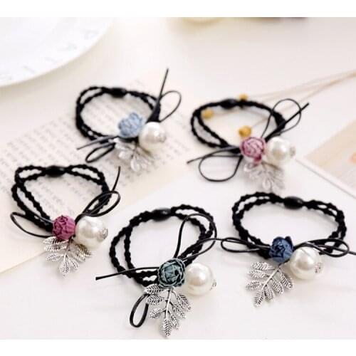 120pcs/lot DIY Double-deck Multi Flowers Leaves Pearl Hair Bands Elasticity Rubber Band Hair Styling Tools Accessories HA1218