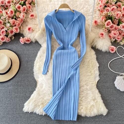 Croysier Winter Women Dresses Lapel Collared V Neck Ribbed Knitted Midi Dress Elegant Long Sleeve Side Slit Sexy Bodycon Dress