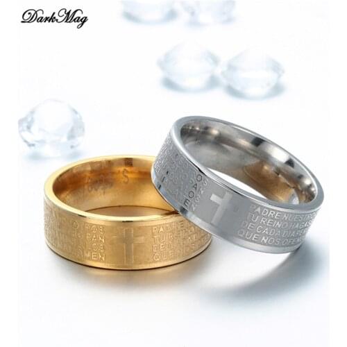 DarkMag Titanium Steel Russian Orthodox church Scripture Bible Lords Prayer Cross Rings For Women Men Christian Jewelry