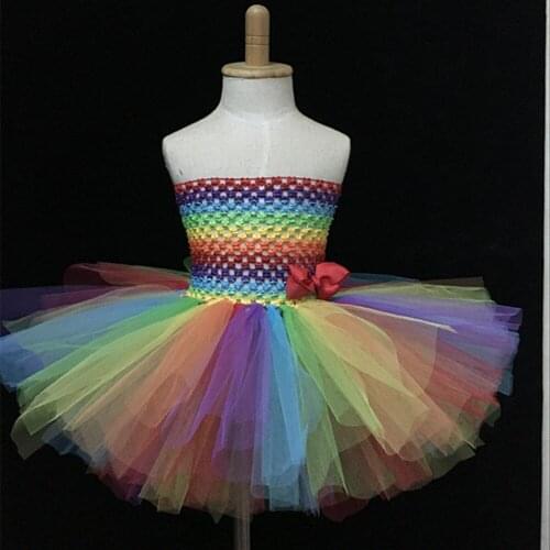 Rainbow Color Baby Girls Tutu Dress Kids Crochet 2Layers Tulle Dress with Grosgrain Bow Children Birthday Party Costume Dresses