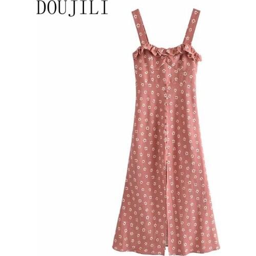 DOUJILI Hot Summer Dress Fashion Style Flower Printing Strape Backless Sleeveless Mini Dress For Women Ladies