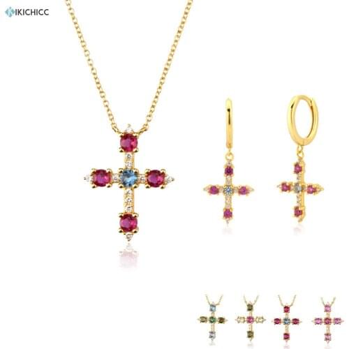 KIKICHICC 925 Sterling Silver Gold Colorful Summer Rainbow Cross Cross Pendiente Drop Earring Necklace Jewlery Set For Women