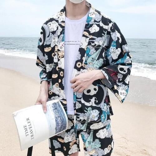 Japanese Kimono Shirts Pants Sets Chinese Panda Printed Mens Casual Suit Camisa Beachwear Streetwear Hawaii Blouse Shorts Set