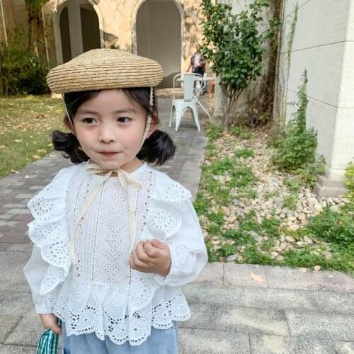 Spring New Arrival korean style cotton pure color long sleeve all-match loose princess lace shirt for cute sweet baby girls