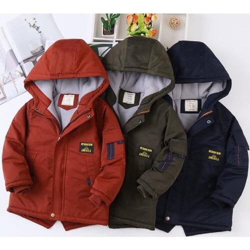 2021 winter boys' letter patch plus velvet thick cotton-padded jacket, medium and large childrens simple trendy fan hooded padd