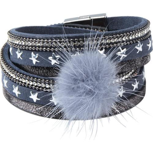 LFPU PU Leather Bracelets & Bangles Charm Mink Fur Ball Magnetic Wrap Crystal Bracelet Women Men For Christmas Gift